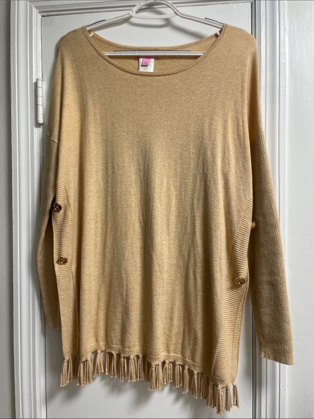 Lilly Pulitzer Tan Fringe-Hem Button-Side Sweater